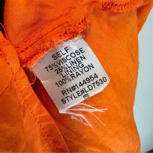 LUXXEL linen viscose orange ruffle mini dress cut out V-neck small tiered party - Picture 3 of 7